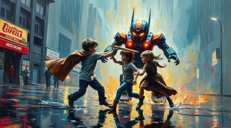 A captivating acrylic painting depicts three superpowered children battling a menacing robot amidst a dramatic, wet rainy sce