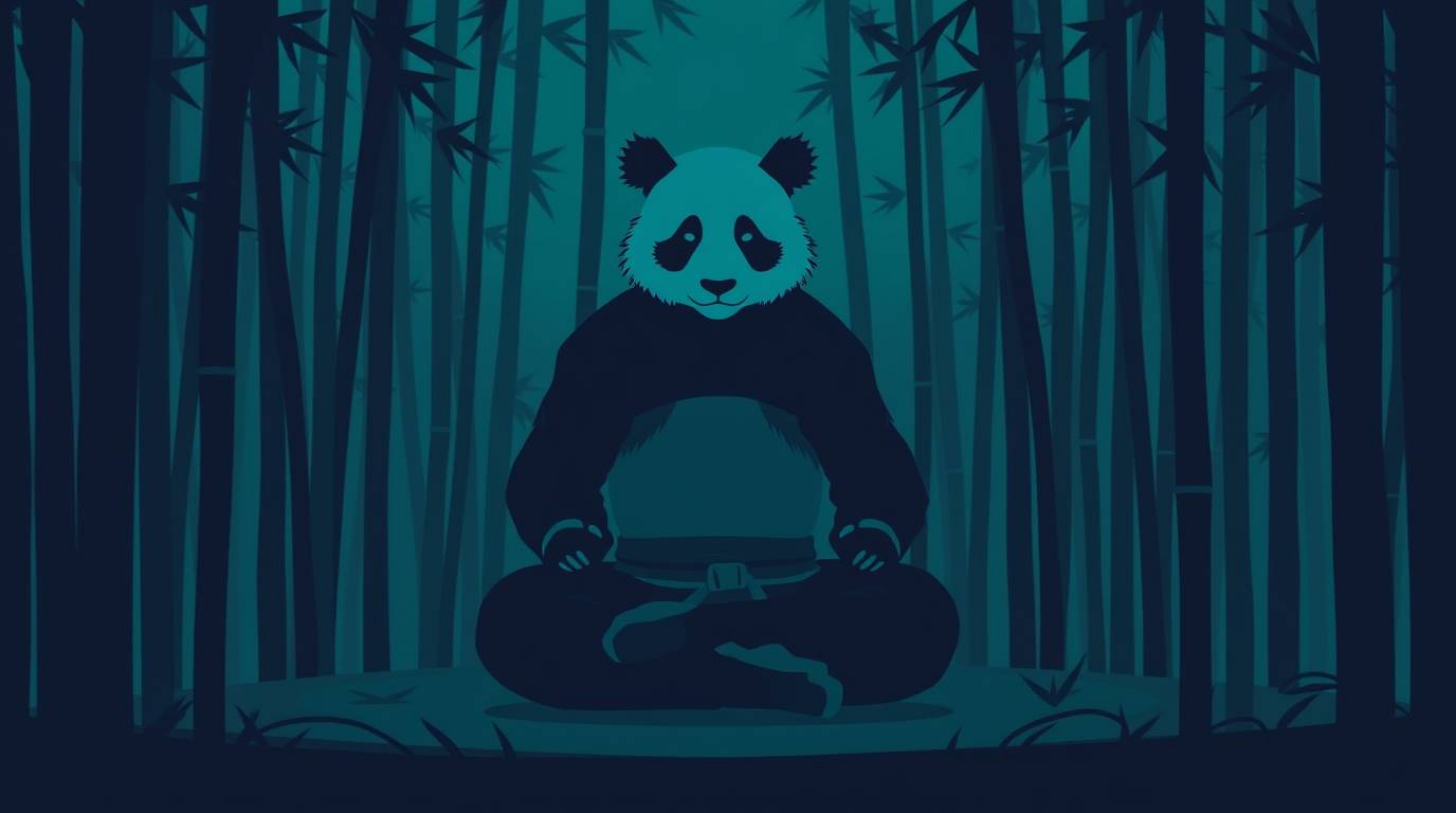 Experience an unsettling yet captivating scene featuring a martial artist panda meditating in a bamboo forest. Rendered in a 