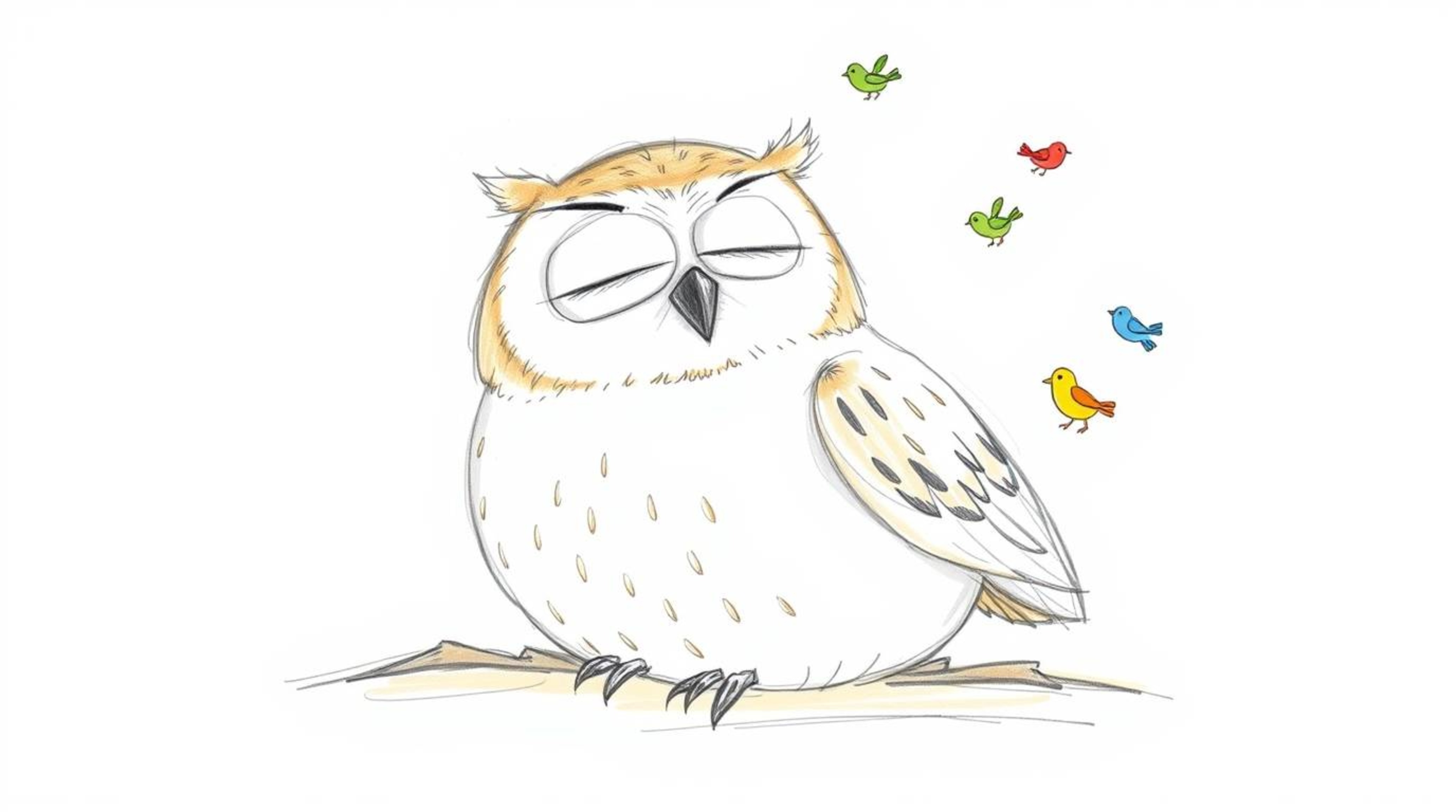 A charming hand-drawn sketch reminiscent of Pixar's style depicts a gentle blind owl with soft features and light brown pluma