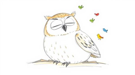 A charming hand-drawn sketch reminiscent of Pixar's style depicts a gentle blind owl with soft features and light brown pluma