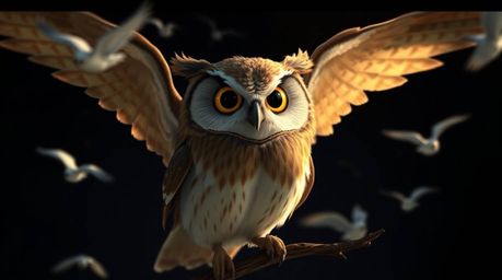 A captivating scene depicts a blind owl, rendered in the iconic Pixar style, generously sharing its wisdom by teaching birds 
