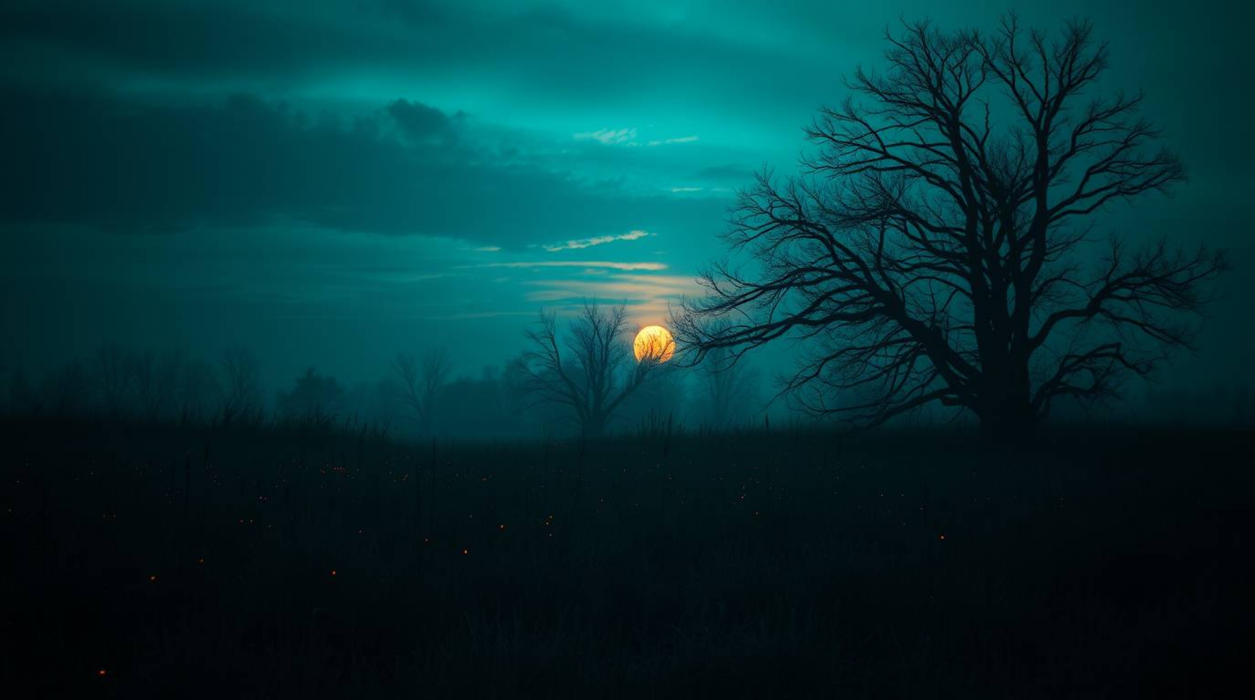 Experience the eerie beauty of a sunset over a quiet meadow, where fireflies begin to glimmer. This captivating scene feature