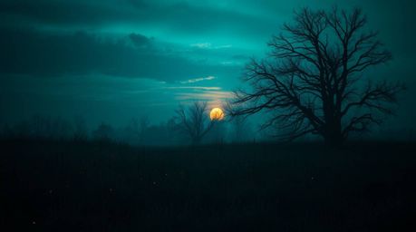 Experience the eerie beauty of a sunset over a quiet meadow, where fireflies begin to glimmer. This captivating scene feature