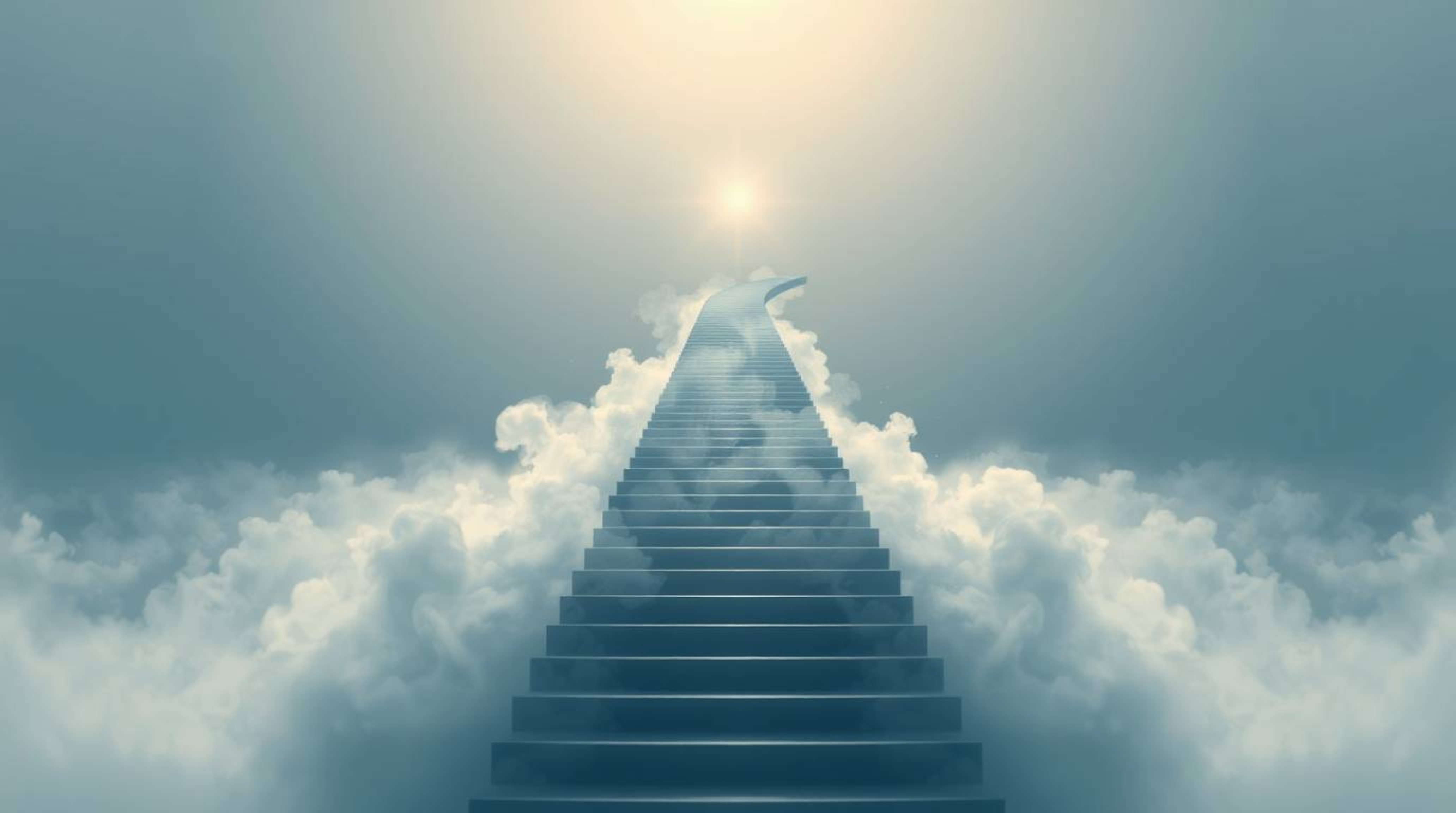 A captivating logo concept featuring a winding stairway crafted from smoke and ethereal light, ascending into a vast, cloudy 