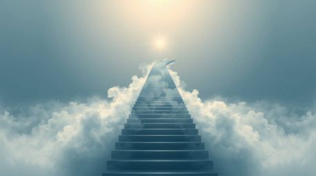 A captivating logo concept featuring a winding stairway crafted from smoke and ethereal light, ascending into a vast, cloudy 