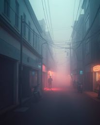 Immerse yourself in a captivating surreal street scene characterized by a soft, dreamy atmosphere and smooth gradient transit