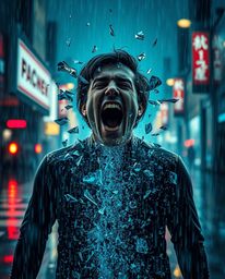 A captivating image depicting a person screaming in anguish as their world dramatically dissolves into a pixelated chaos amid