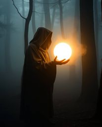 Explore a collection of unusual and original fine art photography featuring a cloaked figure in a misty forest holding a glow