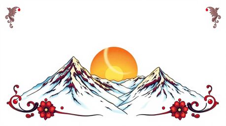 This symbolic traditional tattoo art print showcases snow-covered mountains bathed in the warm glow of a pastel sunset. Rende