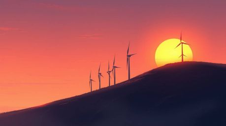 A digital painting capturing a dramatic sunset behind a row of wind turbines silhouetted on a hill.  The artwork utilizes sof