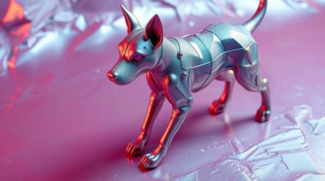 A captivating high-angle view showcases a futuristic clay sculpture of a dog seemingly walking itself through the vast expans