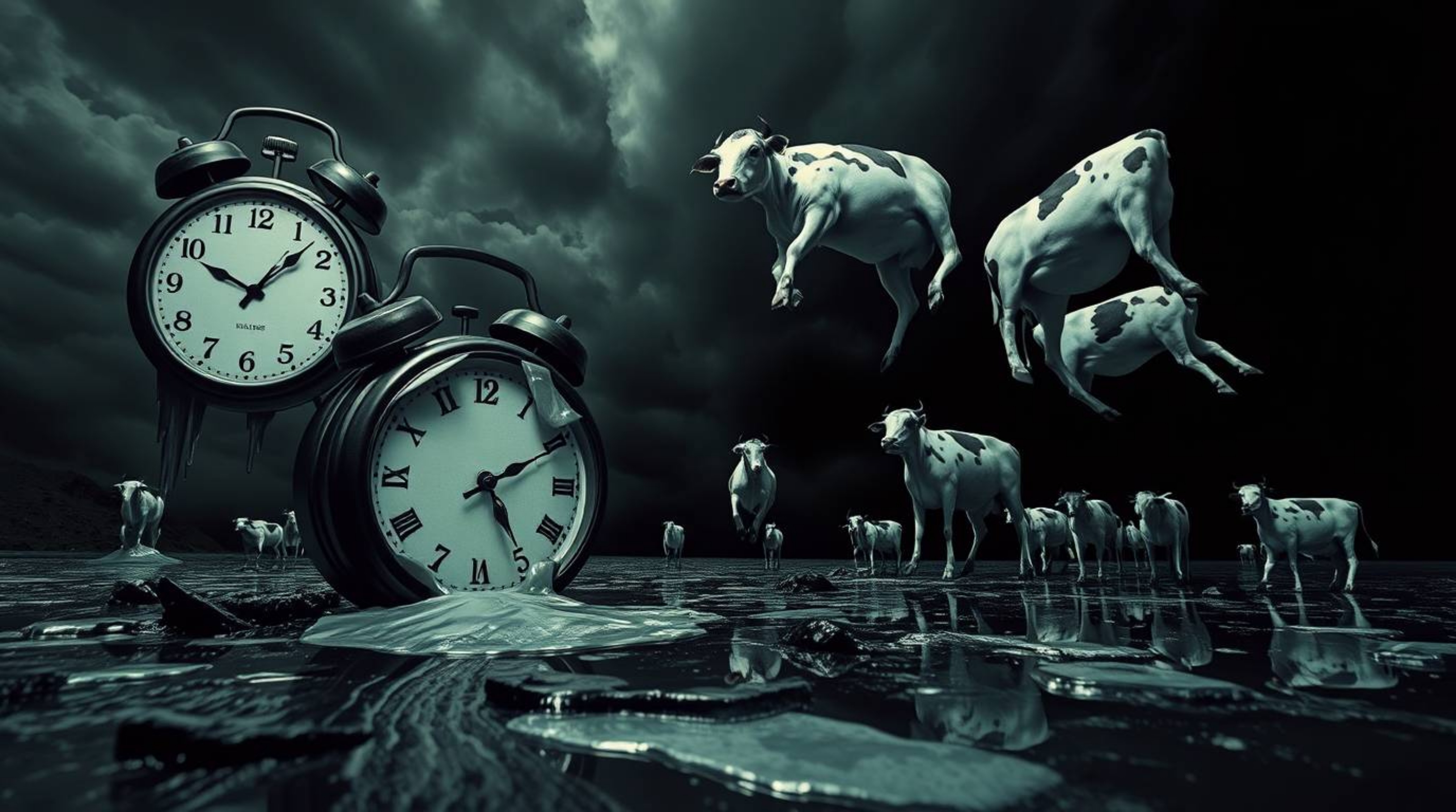 Immerse yourself in a surreal dreamscape featuring melting clocks and floating cows. This captivating image, shot from a low 