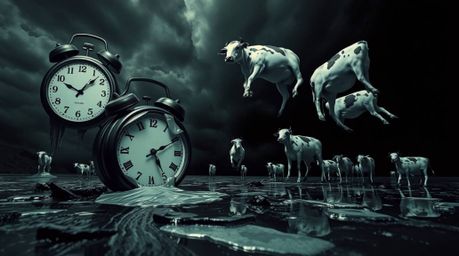 Immerse yourself in a surreal dreamscape featuring melting clocks and floating cows. This captivating image, shot from a low 
