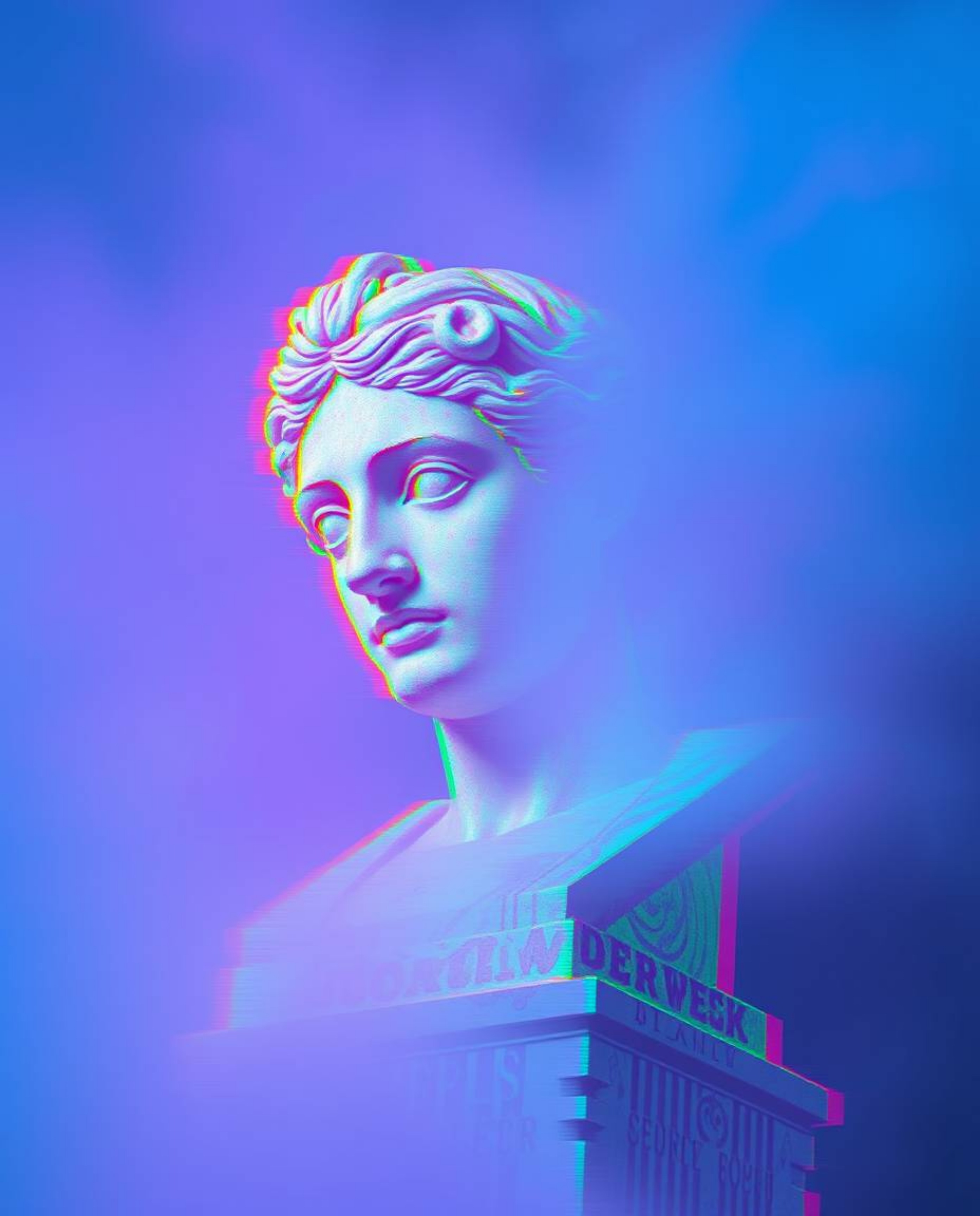 A captivating digital painting showcases a classical sculpture dramatically altered by a vibrant glitch effect.  Enveloped in