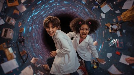 In a vibrant, playful, and chaotic cinematic photo reminiscent of Pixar's fantastical realism, two excited science fair stude
