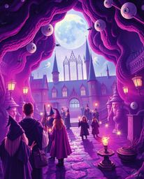 Enter a surreal dreamscape where a magical school teems with young wizards, bathed in deep ultraviolet hues and vivid purples