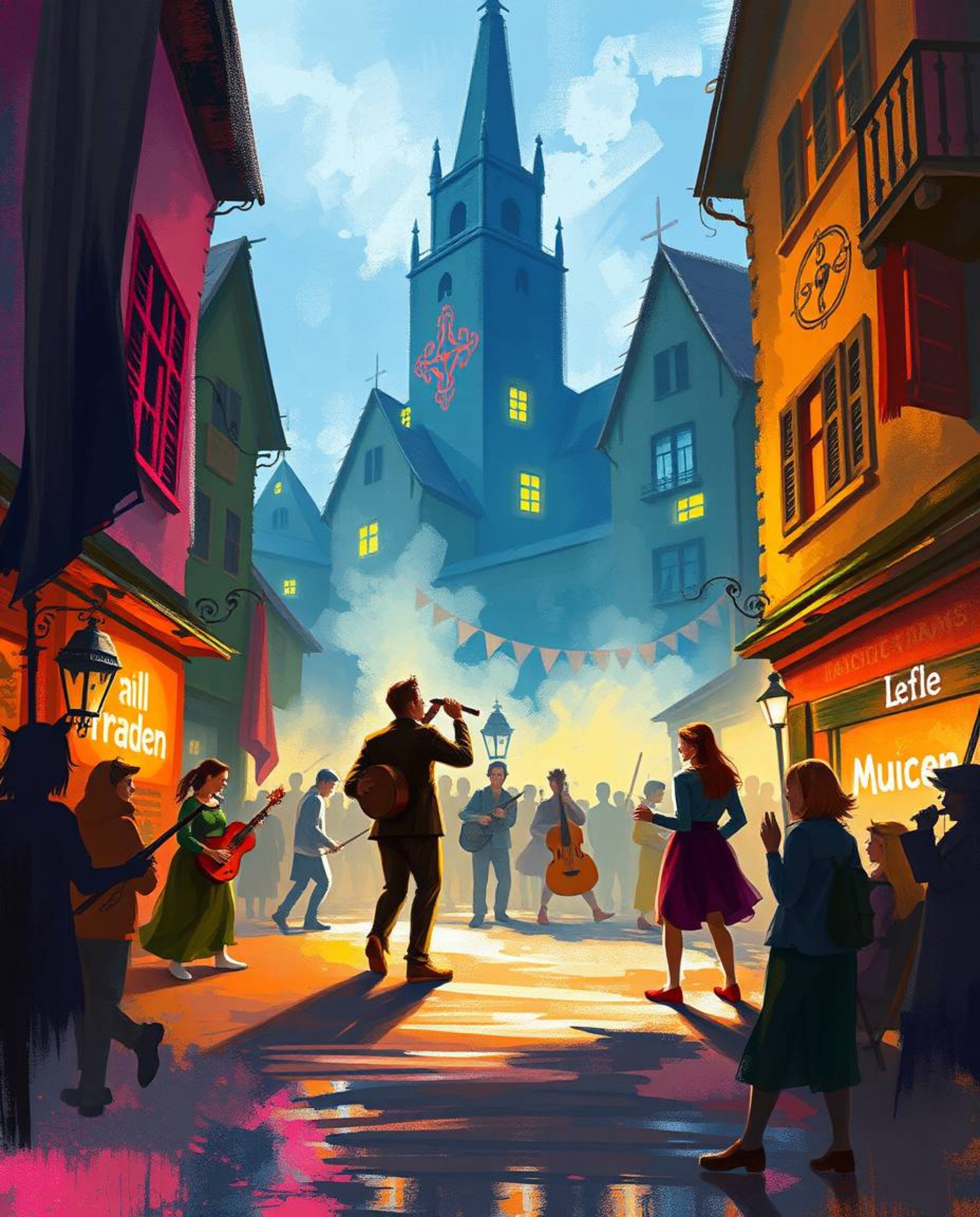 A dynamic digital sketch depicts a vibrant musical number in a bright town square.  The artwork utilizes loose painterly stro