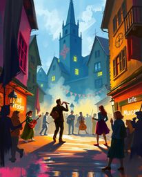A dynamic digital sketch depicts a vibrant musical number in a bright town square.  The artwork utilizes loose painterly stro
