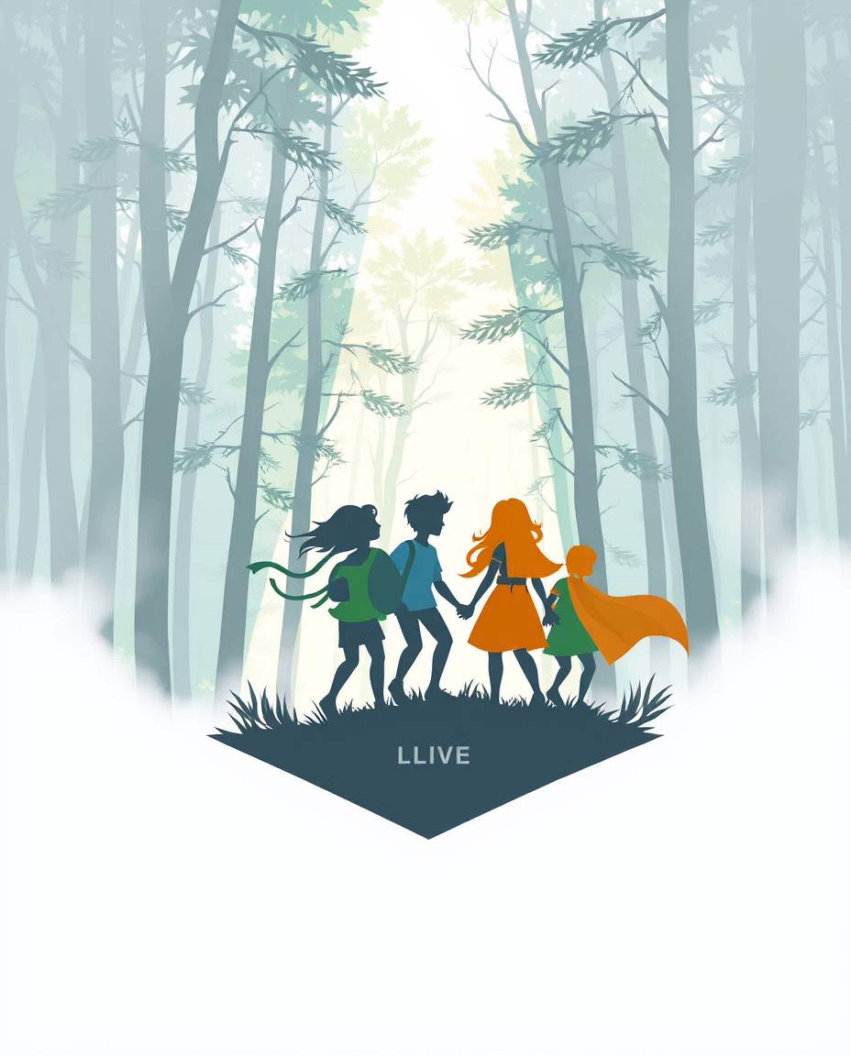 A geometric logo featuring a group of friends with unique powers embarking on an adventure through a mysterious forest. The d