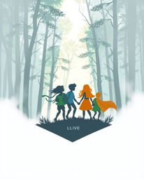A geometric logo featuring a group of friends with unique powers embarking on an adventure through a mysterious forest. The d