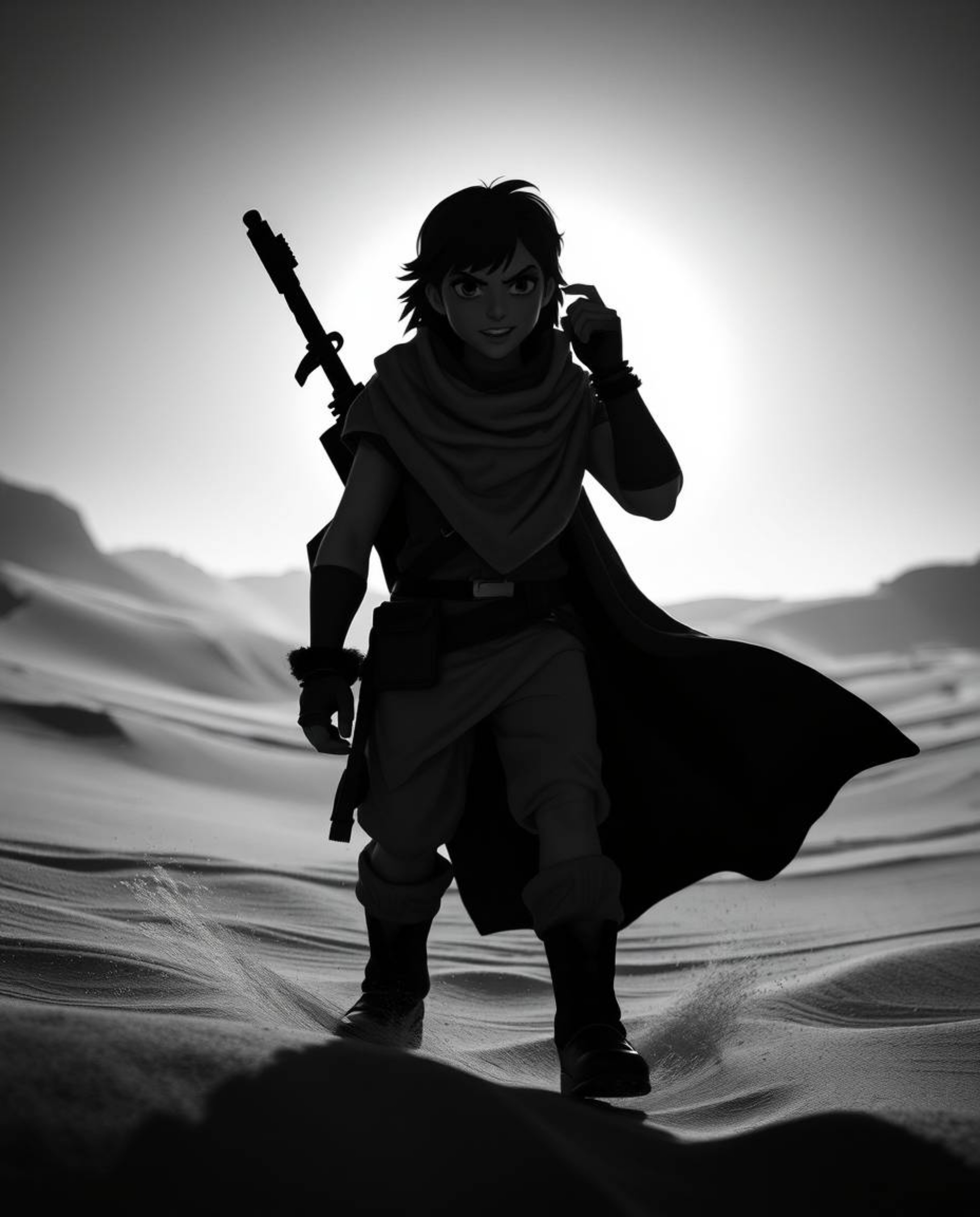 A captivating black and white image depicts a classic Disney-style hero embarking on a thrilling desert adventure. Intense,