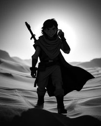 A captivating black and white image depicts a classic Disney-style hero embarking on a thrilling desert adventure. Intense,