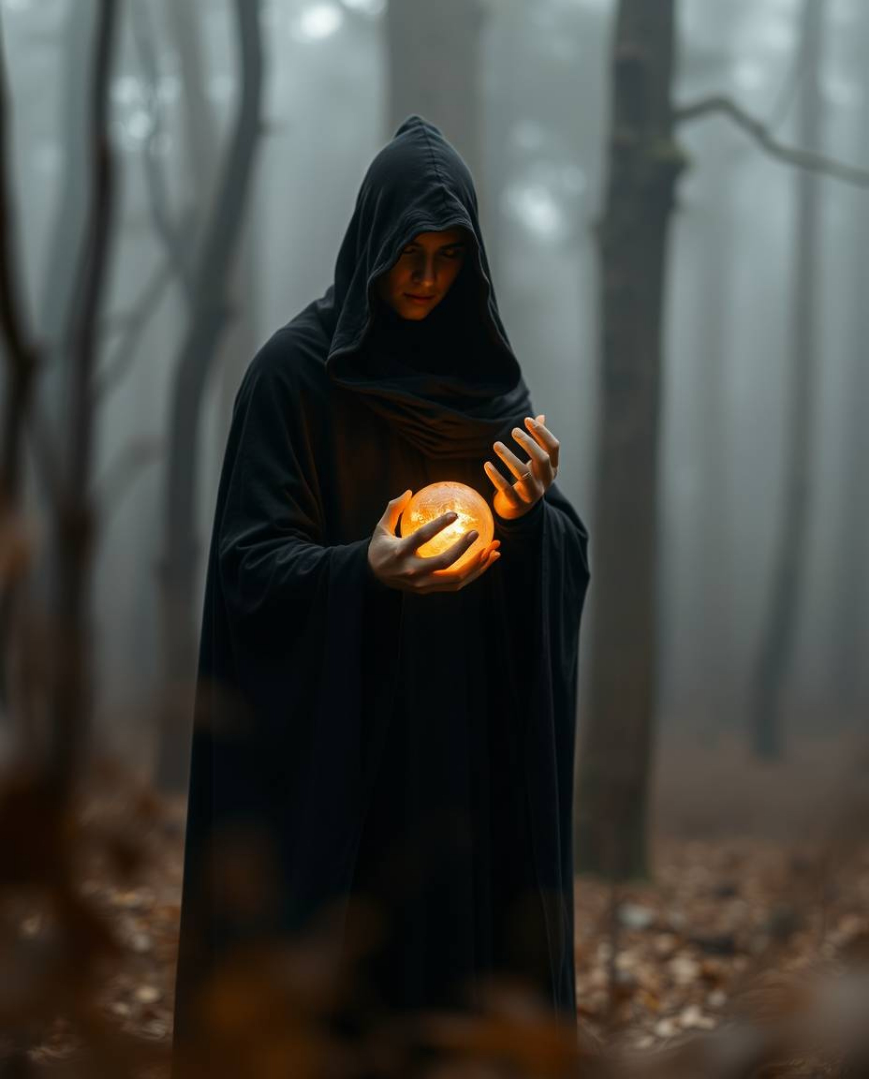 A cloaked figure stands shrouded in mystery within a misty forest, holding a glowing orb that illuminates the scene. The imag