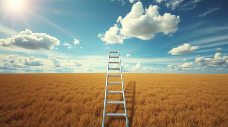 A vibrant photorealistic image capturing a minimalist scene with a silver ladder standing tall in an open field beneath a wid