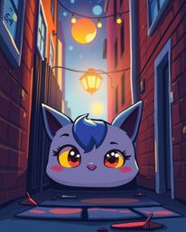 A vibrant and cute illustration depicting eyes watching from the shadows of a brightly lit alley at night. The artwork featur
