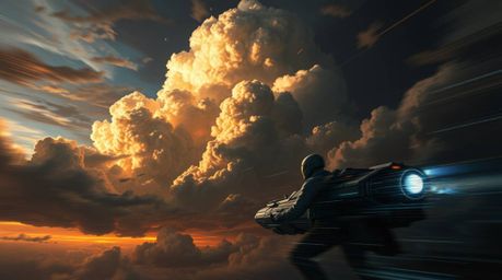 A captivating futuristic sci-fi digital painting showcases dynamic motion and dramatic chiaroscuro lighting. Thunderstorm clo