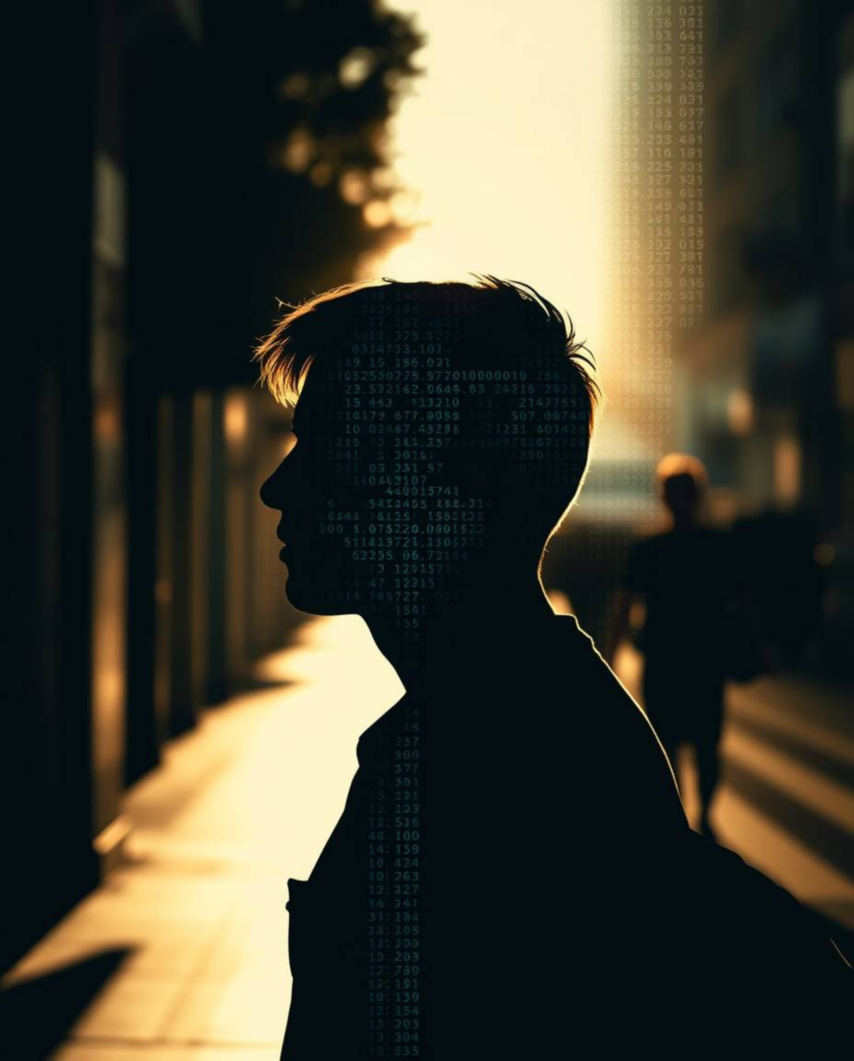Capture the spontaneous beauty of candid street photography with a digital glitch effect transforming a human face into a mes