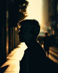 Capture the spontaneous beauty of candid street photography with a digital glitch effect transforming a human face into a mes