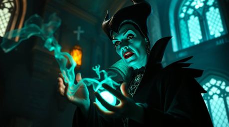 A stunning professional photograph capturing a classic Disney villain with fair skin, deeply immersed in casting a powerful s