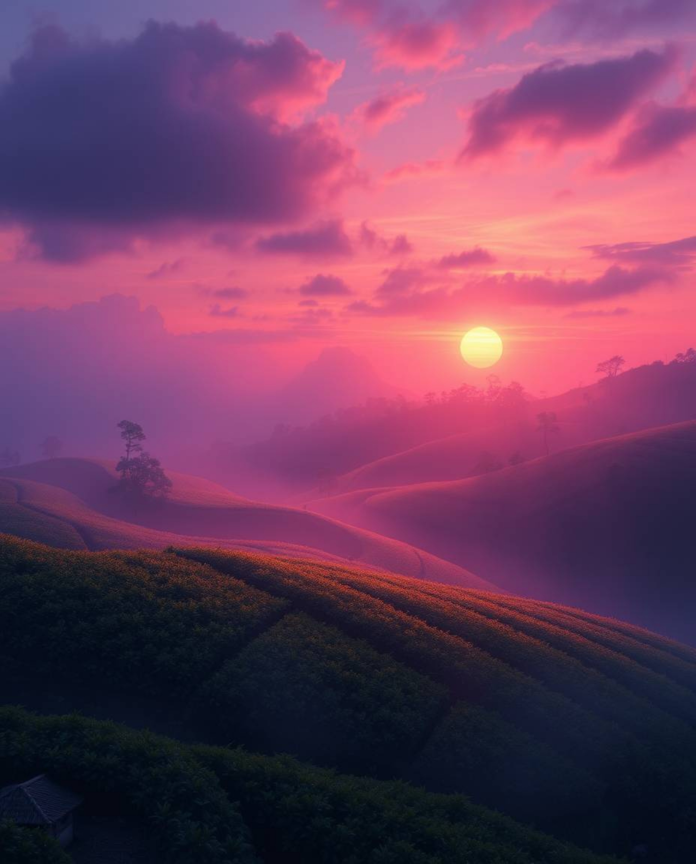 A digital painting of a sunset over terraced tea plantations with glowing bioluminescent colors. A soft, dreamy atmosphere is