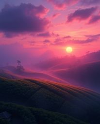 A digital painting of a sunset over terraced tea plantations with glowing bioluminescent colors. A soft, dreamy atmosphere is