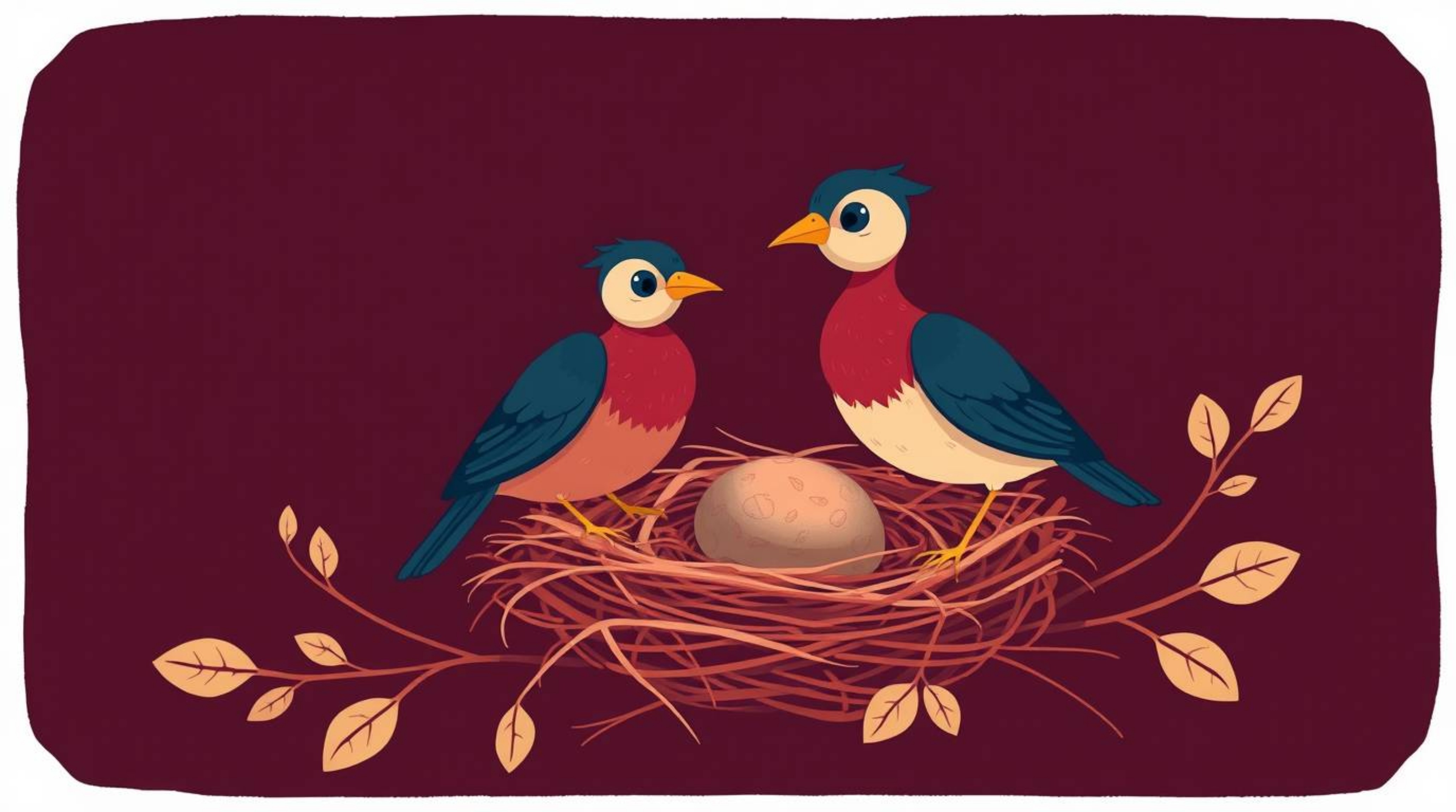 A charming illustration in the style of classic animation depicts two cartoon birds meticulously building a nest.  The artwor