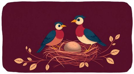 A charming illustration in the style of classic animation depicts two cartoon birds meticulously building a nest.  The artwor