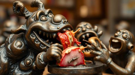 Experience the chaotic energy of a cartoon cafeteria food fight captured in exquisite detail through extreme macro photograph