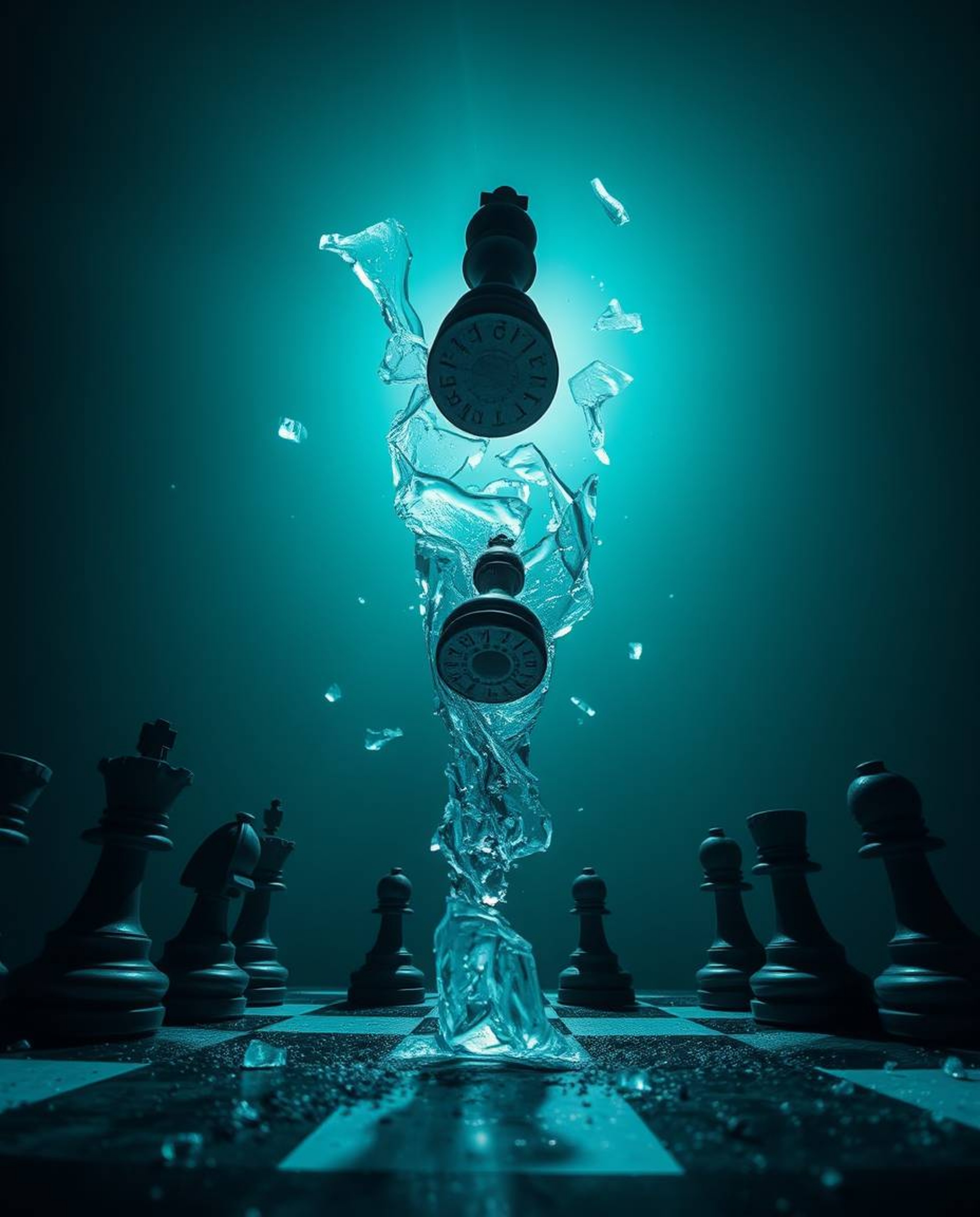 A captivating scene unfolds with a low-angle perspective showcasing a chessboard suspended in mid-air, caught in a moment of 