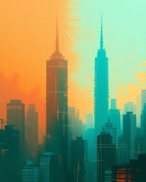 Immerse yourself in a mystic and dreamlike digital landscape featuring distorted skyscrapers bathed in warm terracotta and co