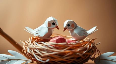 A captivating close-up showcases two cartoon birds diligently constructing a nest, meticulously crafted in an intricate origa