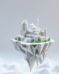 Explore a surreal floating island rendered in an intricate origami style. This close-up shot highlights the folded paper text
