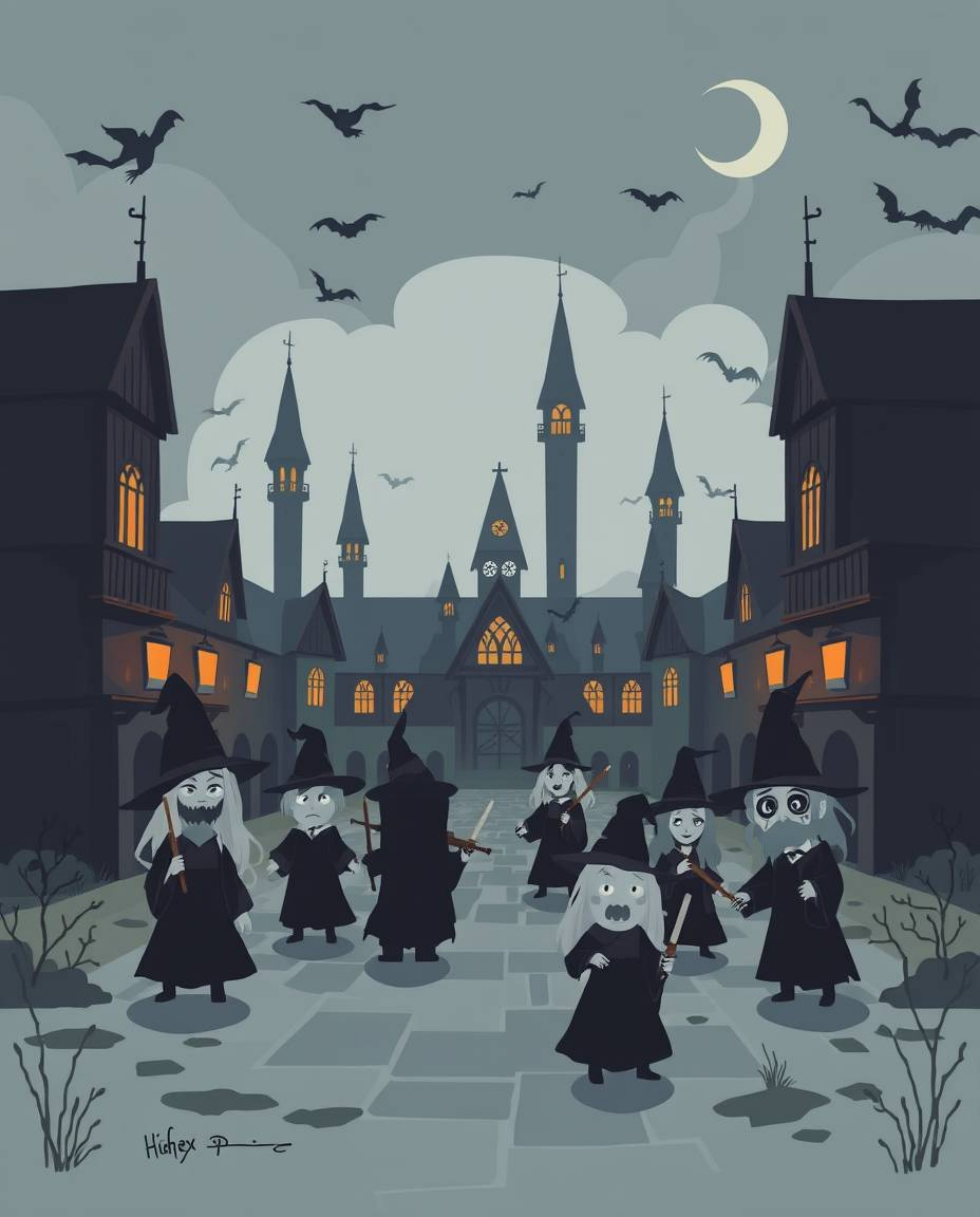 Explore a magical school brimming with young wizards, rendered in a modern flat design aesthetic. This unsettling scene combi