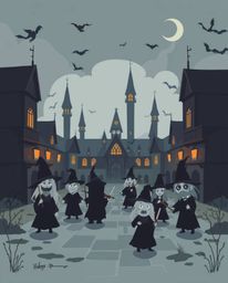 Explore a magical school brimming with young wizards, rendered in a modern flat design aesthetic. This unsettling scene combi