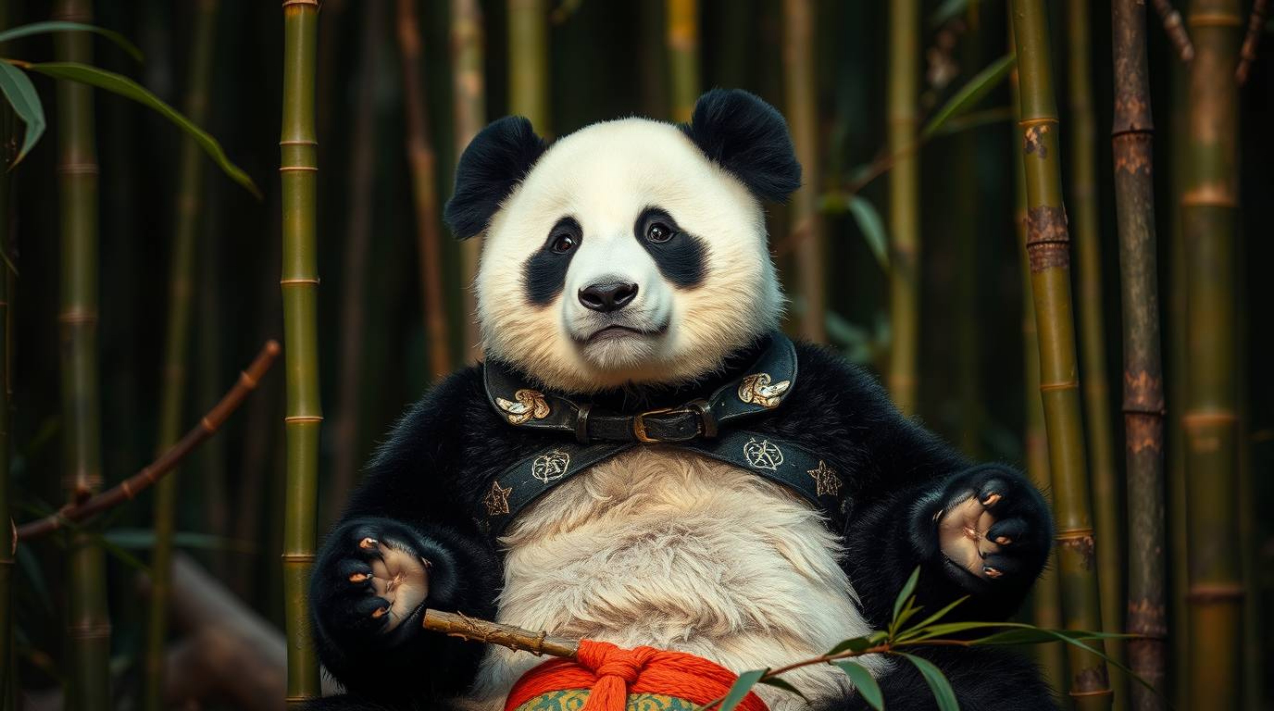Discover captivating editorial photography of an adorable panda martial artist finding inner peace while meditating in a sere