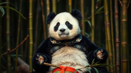 Discover captivating editorial photography of an adorable panda martial artist finding inner peace while meditating in a sere