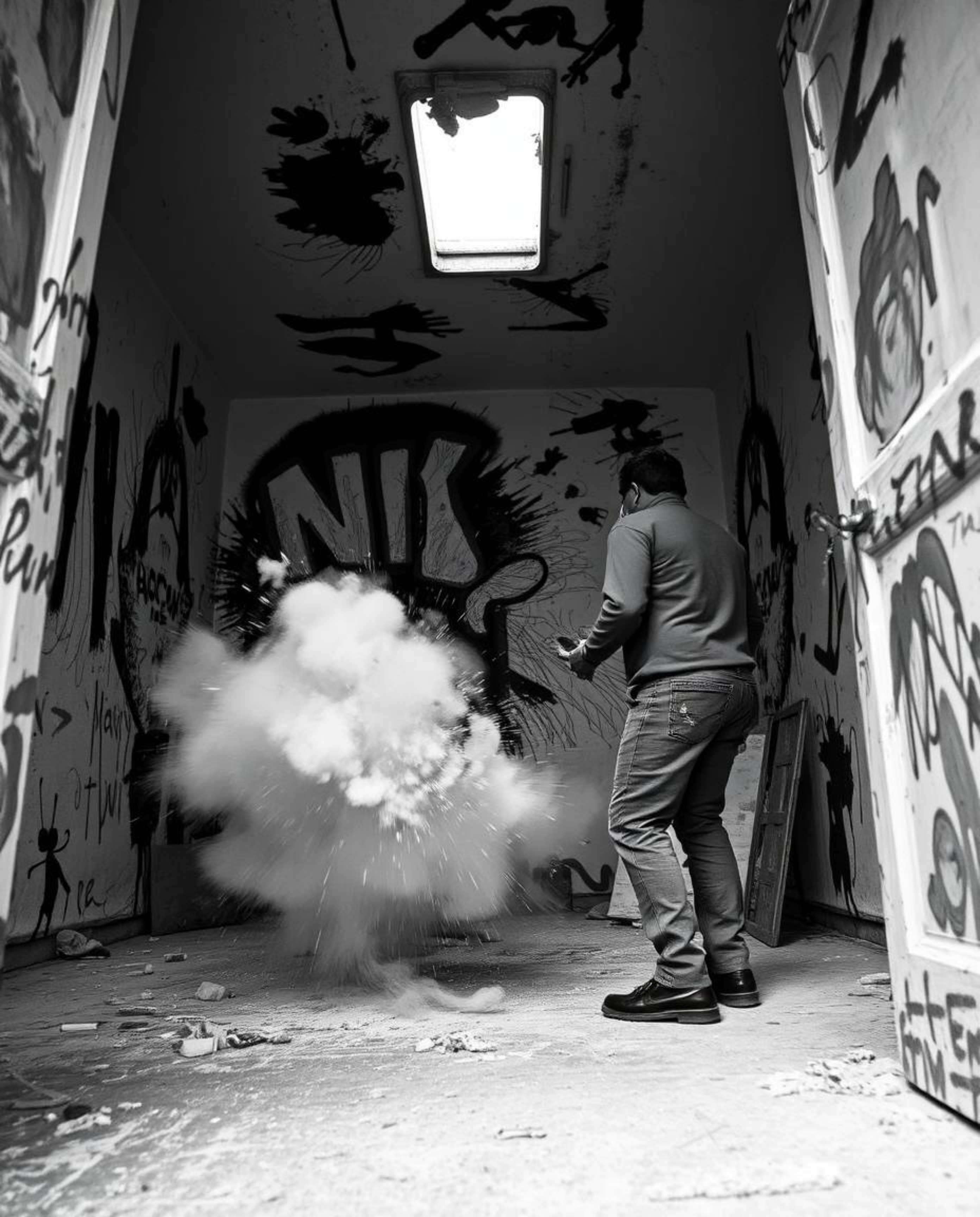 This series of images captures the chaotic beauty of a room exploding with paint, rendered in a classic black and white candi