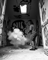 This series of images captures the chaotic beauty of a room exploding with paint, rendered in a classic black and white candi