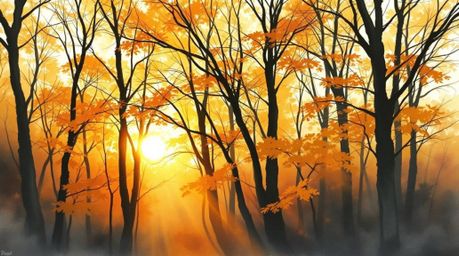 A captivating watercolor painting depicts an autumn forest bathed in the warm glow of a setting sun.  Delicate, translucent w