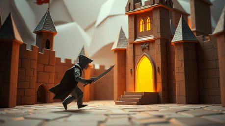 A cunning origami-style thief meticulously navigates a heavily guarded castle in this stunning artwork. The piece features in